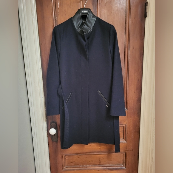 Maison Scotch Soda Blue Navy Wool 3/4 Coat with Leather Collar Size M NWOT - Picture 2 of 8